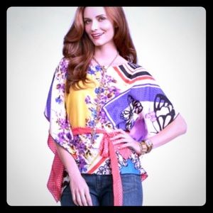 CAbi Silk Dolman Sleeve printed tie blouse NWT M